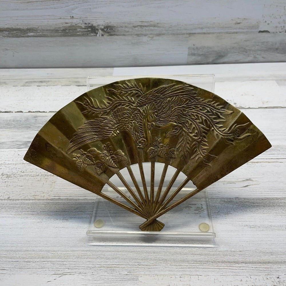 Vintage MCM Brass Folding Fan Wall Hanging with Phoenix Bird Wall Art Decor
